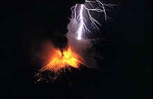 Volcanic material thrust high into the atmosphere can trigger lightning. Rinjani 1994.jpg