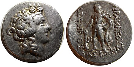 A tetradrachm of Thasos from Roman-controlled Macedonia. It was minted between 148 and 80 BC. Obverse shows Dionysos and reverse shows Herakles.