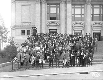 Members of the Royal Arcanum posed on the auditorium steps at the Alaska-Yukon-Pacific Exposition in Seattle, Washington, June 23, 1909. Royal Arcanum members, Alaska Yukon Pacific Exposition, Seattle, June 23, 1909 (AYP 278).jpeg