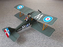 Flying model of a WW1 Royal Aircraft Factory S.E.5a with foam flying surfaces, from a kit. S.E.5a model aircraft from E-flite ARF kit.JPG