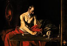 Tableau représentant un vieil homme à demi-nu, couvert d'un drap rouge, lisant et écrivant à sa table de travail.