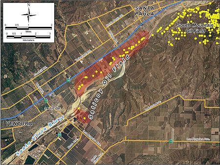 Detail of the Saticoy field, showing its location relative to Ventura, Oxnard, and other urbanized areas. Yellow dots represent locations of active oil wells as of 2008. SaticoyDetail.jpg