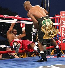 Bogere knocks Ilido Julio through the ring ropes with a punch. Sharif Bogere - Punching Ilido Julio.jpg