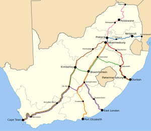 Shosholoza Meyl route map (several routes shown were not operating in 2023) Shosholoza Meyl routes 2012.svg