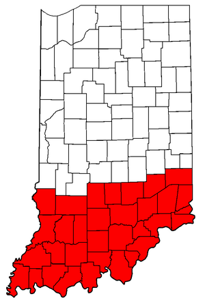 Highlighted are the counties of Southern Indiana.