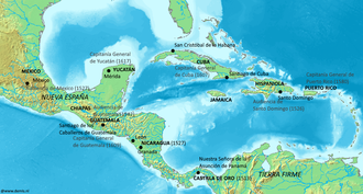 Map of Spanish provinces and jurisdictions in the Caribbean region during the 16th-17th centuries Spanish jurisdictions 16th-17th centuries, Caribbean and Gulf of Mexico.png