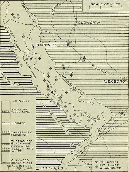 1915 map of coal mines in South Yorkshire. Roundwood colliery is No. 9 in the east. Special reports on the mineral resources of Great Britain (1915) (14781472441).jpg