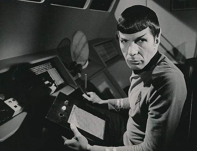 Spock at the console of a shuttlecraft on the USS Enterprise