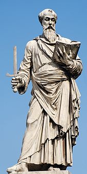 Saint Paul by Paolo Romano (c. 1460), entrance of the Ponte Sant'Angelo, Rome. St Paul Paolo Romano Ponte Sant Angelo Rome.jpg