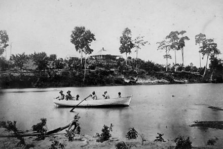 Macknade sugar plantation viewed from the Herbert River, 1874