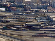 Vista aerea dell'area dello scalo merci di Cagliari San Paolo e dei depositi e delle officine ferroviarie della stazione