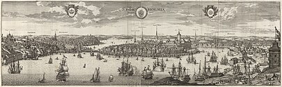 Stockholm ifølge tryk i året 1693. 
 Panorama fra øst (til venstre) og fra vest.