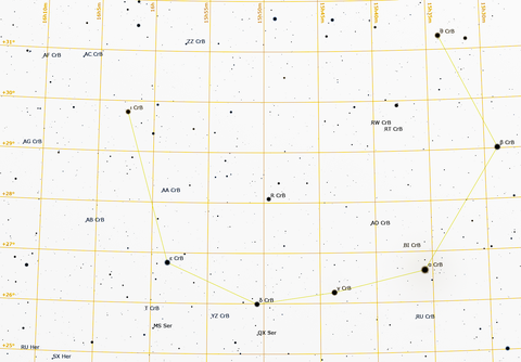 T Coronae Borealis (T CrB) kann wie folgt aufgesucht werden: die Hälfte der Länge der Verbindungslinie von δ CrB nach ε CrB bei ε CrB im rechten Winkel nach links abtragen.
