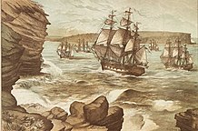 The First Fleet arriving at Port Jackson in 1788. Approximately 60 Romani people were on board. The First Fleet entering Port Jackson, January 26, 1788, drawn 1888 A9333001h(cropped).jpg