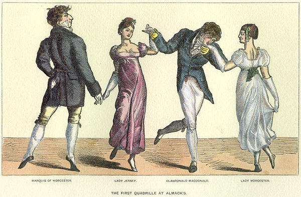 The First Quadrille at Almack's: a French print supposedly representing Lady Jersey, Lady Worcester, Lord Worcester and Clanronald Macdonald, though G