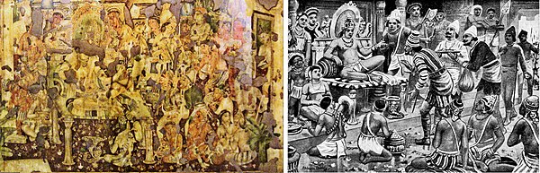 Original frescoes in Ajanta Cave 1, and corresponding artistic depiction of Pulakeshin receiving envoys from Persia. Earlier scholars believed that Pu