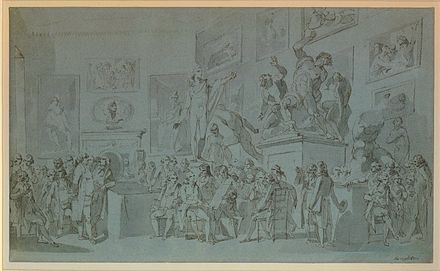 Study for Henry Singleton's painting The Royal Academicians assembled in their council chamber to adjudge the Medals to the successful students in Painting, Sculpture, Architecture and Drawing, which hangs in the Royal Academy. Ca. 1793.