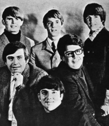 The band in 1966. Top: from left; Al Nichol, Jim Tucker, John Barbata. Middle: Howard Kaylan, Mark Volman. Bottom: Chuck Portz. The Turtles 1966.png