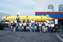The Theseus prior to its sea trials. The AUV was developed in the late 1980s as a part of a larger project to detect Soviet submarines in the Arctic. Theseus AUV.jpg