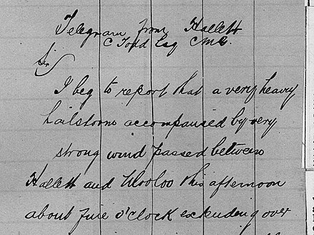 Letter from Mr. F. S. Smith (possibly telegraph operator) of Hallet, South Australia, noting the effects of a recent storm with high winds. Hallet is now one of the centres of wind power generation in the State. Todd Weather Folios Letter 1883 Dec 5.jpg