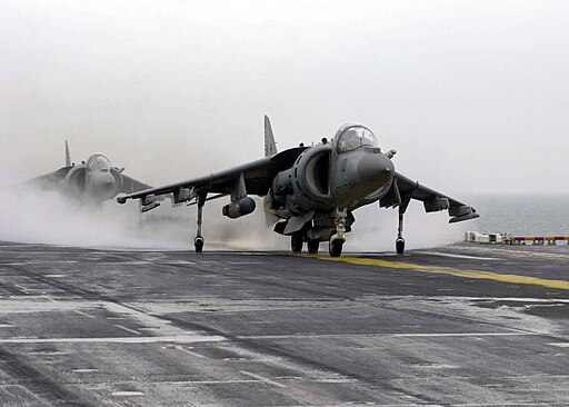 US Navy 030224-N-6610T-519 An AV-8B Harrier jump jet assigned to the "Tigers" of Marine Attack Squadron Five Four Two (VMA-542) prepares to takes off from the flight deck of the amphibious assault ship USS Bataan (LHD 5)