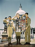 Boy Scouts support the creation of the United Nations, 1941 United Nations Fight for Freedom colored, white and Chinese Boy Scouts in front of Capitol, They help out by delivering poster to help the war effort LOC 2179085559.jpg