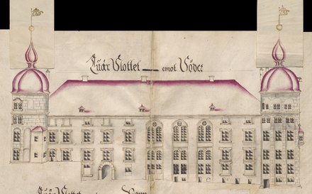 The southern façade of the castle's south wing, circa 1680. "King Jan's Portal," is still a feature of the castle, although the floors above it did not survive the 1702 fire.
