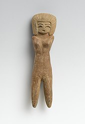 Female figurine; 2600-1500 BCE; ceramic; 11 x 2.9 x 1.6 cm (4
.mw-parser-output .frac{white-space:nowrap}.mw-parser-output .frac .num,.mw-parser-output .frac .den{font-size:80%;line-height:0;vertical-align:super}.mw-parser-output .frac .den{vertical-align:sub}.mw-parser-output .sr-only{border:0;clip:rect(0,0,0,0);clip-path:polygon(0px 0px,0px 0px,0px 0px);height:1px;margin:-1px;overflow:hidden;padding:0;position:absolute;width:1px}
5/16 x 1
1/8 x
5/8 in.); Brooklyn Museum (New York City) Valdivia Female Figurine 2600-1500 BCE Brooklyn Museum.jpg