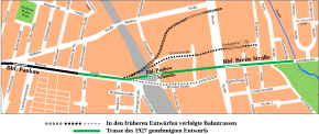 Trassierungs­varianten für die U-Bahn nach Pankow von 1927; Norden ist rechts; grau die S-Bahn-Trasse