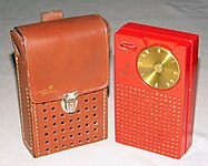 Vintage Regency TR-1 4-Transistor Radio with Leather Case, Mandarin Red, Made in USA, Circa 1954 (8623467532).jpg