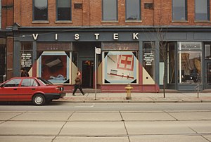 Original Vistek street level storefront at 100 Queen Street East, Toronto, Ontario