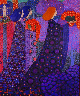 Stoet van de prinsessen van Vittorio Zecchin, 1914. Dit werk is grotendeels geschilderd in koele tinten zoals blauw, lila en violet. Het kapsel van de prinses en de uitgestrooide pailletachtige versieringen hebben warme contrastkleuren. Afgedrukt met andere kleurweergave illustreert dit schilderij het artikel in kM, zie bronvermelding.