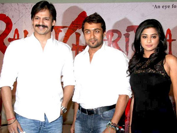 Oberoi along with Suriya and Priyamani during the press meet of Rakta Charitra 2