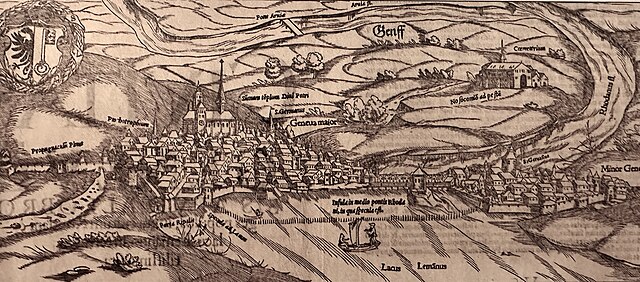 View of Geneva in 1550 from the lake, showing the main city on the hill and the bridge linking it to Saint-Gervais on the right bank of the Rhone rive