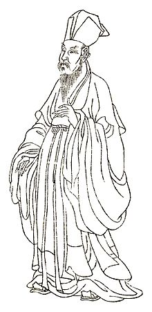 Kresba staršího muže s bradkou v tradičním čínské róbě s širokými rukávy.