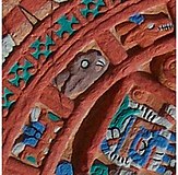 Piktograf air, kelinci, rusa pada replika sebuah Batu Surya Aztek