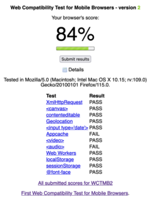 Scores for the second version of the test for Firefox 115 Web Compatability Test for Mobile Browsers 2 with Desktop Firefox 115.png