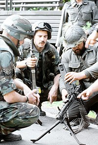 Reservists of the Home Defence Troops (JgBtl 942, Home Defence Regiment 94, WBK IV) in 1988 with U.S. Air Force personnel. West German MG3.JPEG