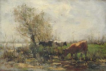 Cattle at a Watering Place label QS:Len,"Cattle at a Watering Place" label QS:Lpl,"Bydło u wodopoju" label QS:Lnl,"Koeien aan een plas" circa 1860-1910. oil on panelmedium QS:P186,Q296955;P186,Q106857709,P518,Q861259. 13.3 × 20 cm (5.2 × 7.8 in). Rotterdam, Museum Boijmans Van Beuningen.