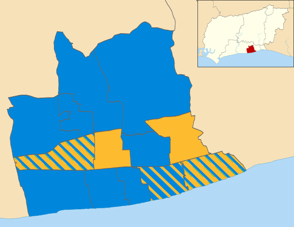 Map of the results of the 2004 Worthing council election. Conservatives in blue and Liberal Democrats in yellow.
