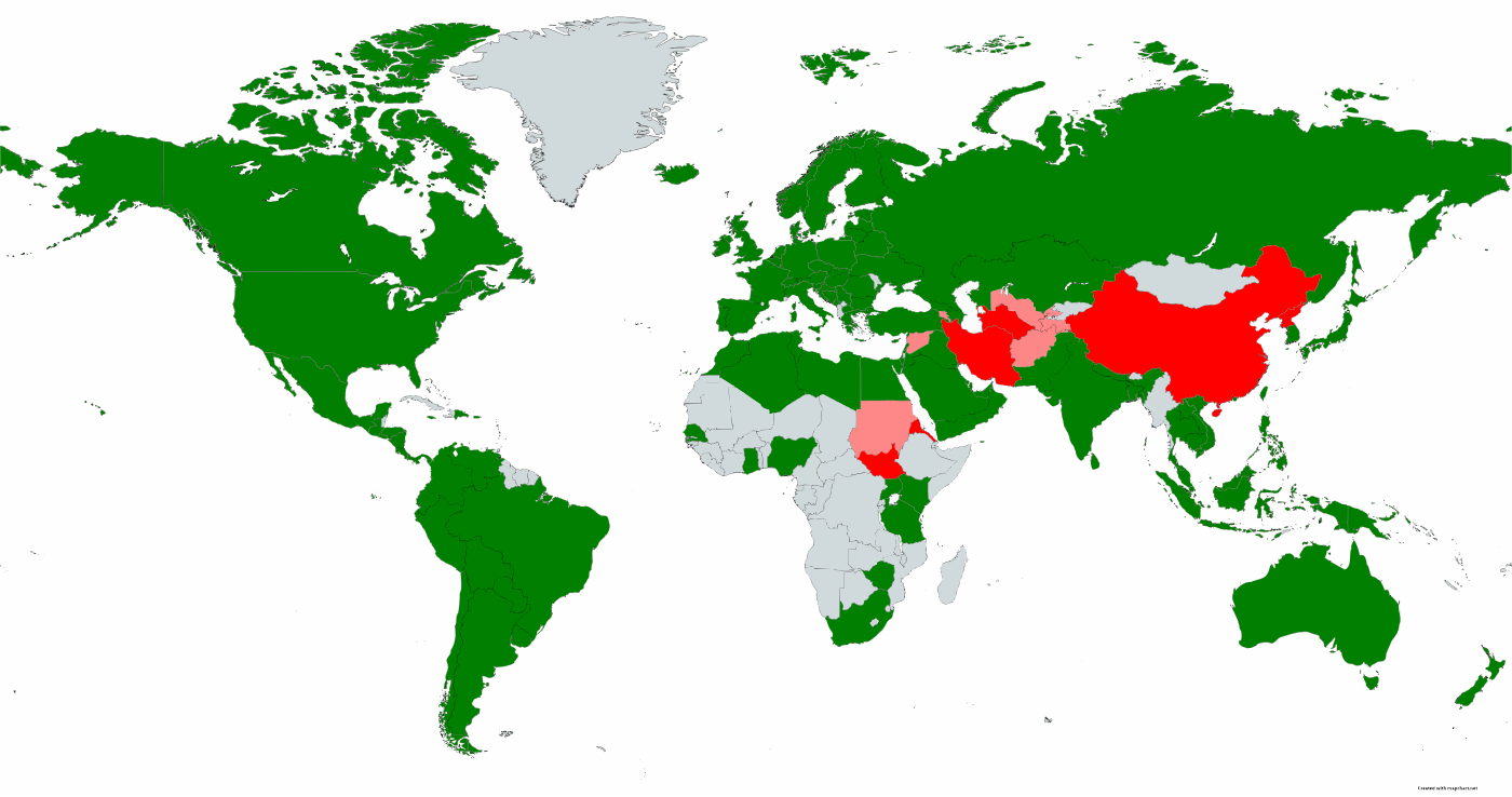 Mapa mundial que muestra el estado del bloqueo de YouTube      Tienen una versión local de YouTube      Accesible      Actualmente bloqueado      Bloqueado en algún momento