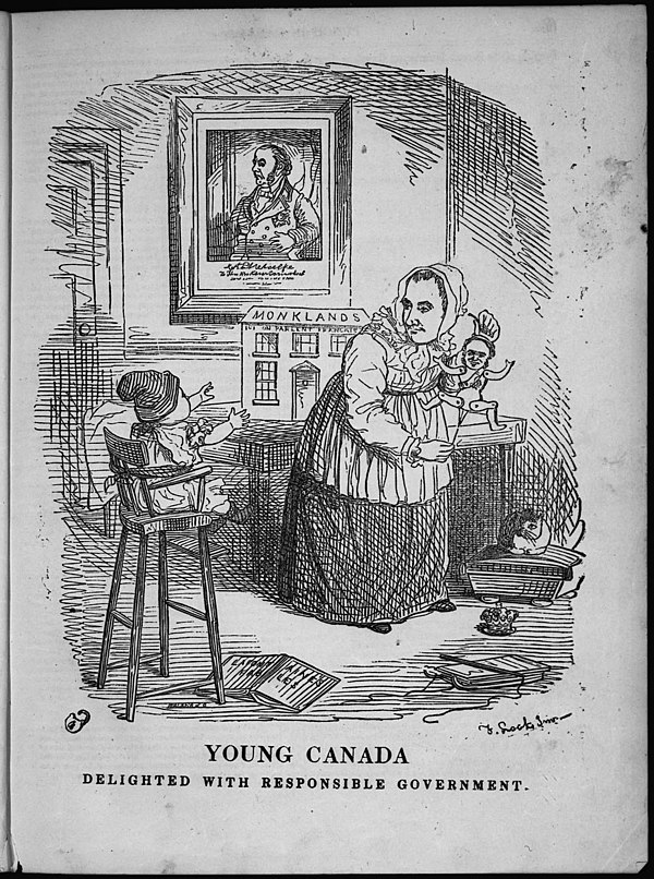 A political cartoon from Punch in Canada, in 1849, depicting a "young Canada" being delighted by Lord Elgin pulling the strings of a puppet, represent