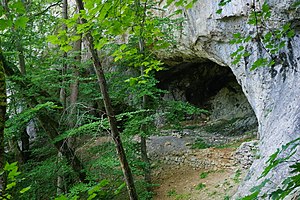 Ziegelhöhlenburg, Sicht von Westen. Rechts vorne sind Reste der Eingangsmauer zu erkennen.