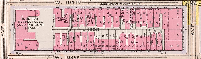 File:"HOME FOR RESPECTABLE AGED INDIGENT FEMALES" and "DARPAGH HOME FOR CRIPPLED CHILDREN" map in 1916, from- Bromley Manhattan Plate 101 publ. 1916 (cropped).jpg