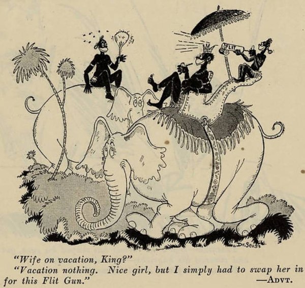 FLIT advertisement by Dr. Seuss depicting blackface-styled caricatures of Black people