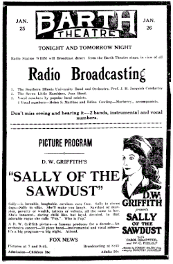 January 1926 advertisement promoting WIBM's theater broadcasts at Carbondale, Illinois 1926 advertisement for WIBM broadcasts from Barth Theatre in Carbondale, Illinois.gif