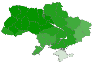 Mapa referenda na Ukrajině v roce 1991 podle oblastí, žlutá barva znamená ano.