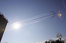 Honoring the start of the 2-day NATO summit in Istanbul, fighter jets fly in formation over the summit site. 2004 NATO Summit jets.jpg