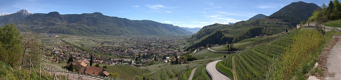 Etschtal valley and a view up to mountains, Gantkofel from far, Mendelkamm mountains.