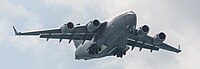 A US Air Force C-17 Globemaster III, tail 00-0171, on final approach to Kadena Air Base in Okinawa, Japan. It is assigned to the 176th Wing of the Alaska Air National Guard, and is originally from Joint Base Elmendorf–Richardson in Anchorage, Alaska.